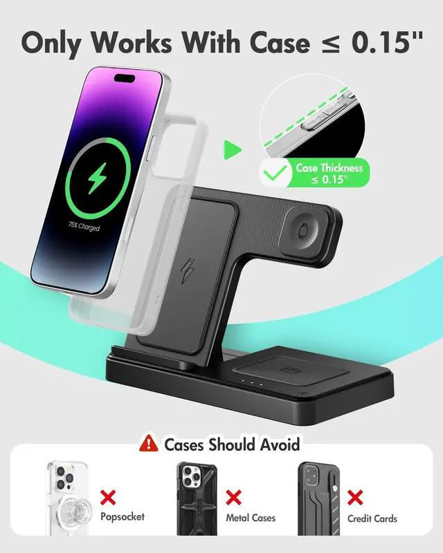 Alt view image 3 of 7 - Wireless Charger iPhone Charging Station: 3 in 1 Charger Stand Multiple Devices for Apple - iPhone 16e 16 15 14 Pro Max 13 12 11 - Watch 10 9 8 7 6 5 4 3 2 SE and Ultra Series - Airpods 4 3 2 Pro