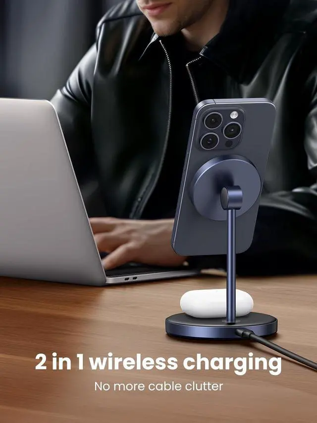 Alt view image 3 of 7 - UGREEN MagFlow 2-in-1 Magnetic Wireless Charging Station, Fast Wireless Charger for iPhone 16 15 14 13 12 Series and AirPods, MagSafe Compatible Qi Charging Stand with 3 FT USB-C Cable (No AC Adapter)