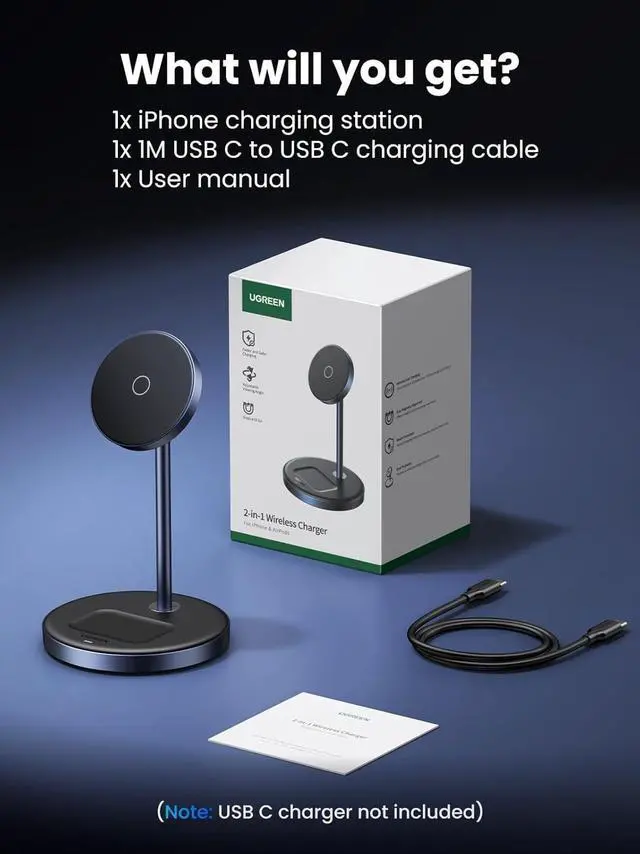 Alt view image 7 of 7 - UGREEN MagFlow 2-in-1 Magnetic Wireless Charging Station, Fast Wireless Charger for iPhone 16 15 14 13 12 Series and AirPods, MagSafe Compatible Qi Charging Stand with 3 FT USB-C Cable (No AC Adapter)