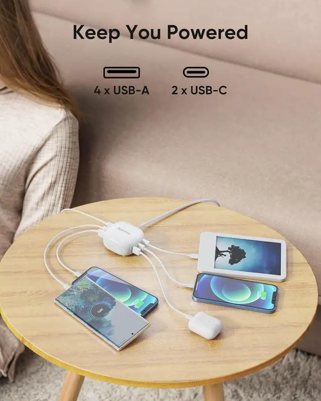 Alt view image 2 of 7 - 6-Port USB Charger 40W 8A Mini USB Charging Station Charging Station for Multiple Devices 4ft Cable Compatible with iPhone iPad Galaxy Pixel for Travel Cruise White