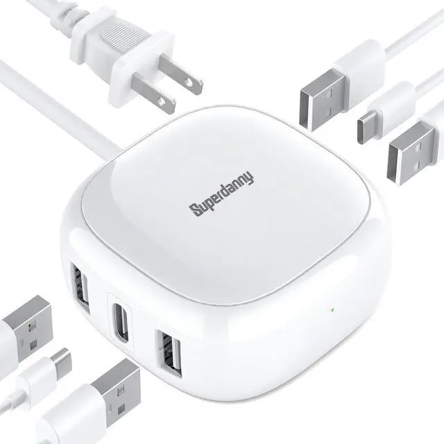 Main image of 6-Port USB Charger 40W 8A Mini USB Charging Station Charging Station for Multiple Devices 4ft Cable Compatible with iPhone iPad Galaxy Pixel for Travel Cruise White