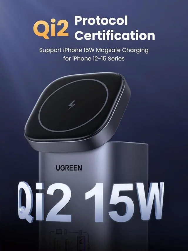 Alt view image 2 of 7 - UGREEN 100W Charging Station 4-Port, Qi2 Certified 15W Foldable Charger, MagSafe Wireless Charger Stand for iPhone 16/15/14/13/12, AirPods Pro, MacBook Pro, Galaxy S24 and More