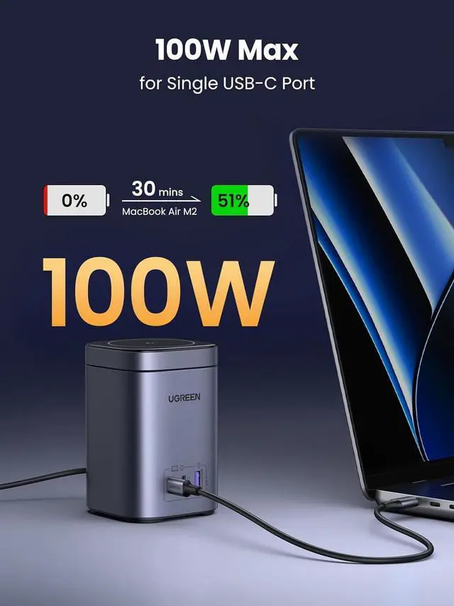 Alt view image 3 of 7 - UGREEN 100W Charging Station 4-Port, Qi2 Certified 15W Foldable Charger, MagSafe Wireless Charger Stand for iPhone 16/15/14/13/12, AirPods Pro, MacBook Pro, Galaxy S24 and More