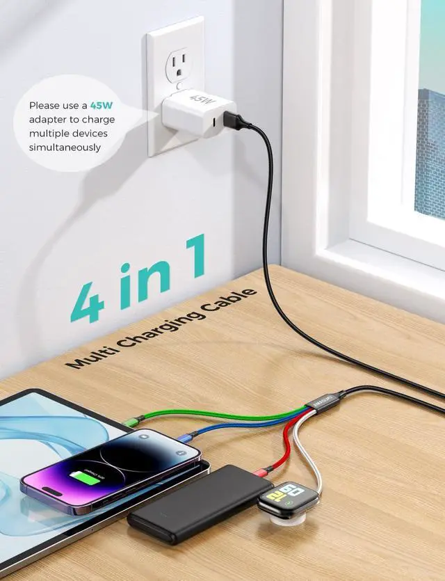 Alt view image 2 of 7 - Upgraded Travel Essentials for Apple Watch Charger 4 in 1 Multi Charging Cable iWatch Charger Camping Essentials USB C/L/Micro Compatible with iWatch Series 10-1/SE/iPhone 16 15/Galaxy Android-4FT
