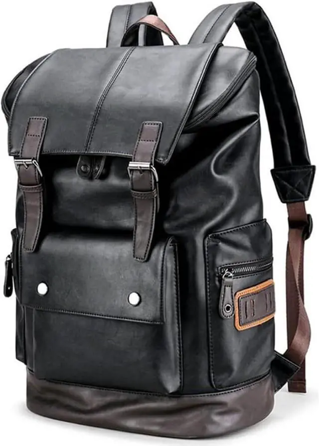 Main image of CHAO RAN Leather Laptop Backpack for Men, Vintage Black Work Knapsack Large Travel Waterproof Bags 16inch Laptop For Commute Casual Business(Black)