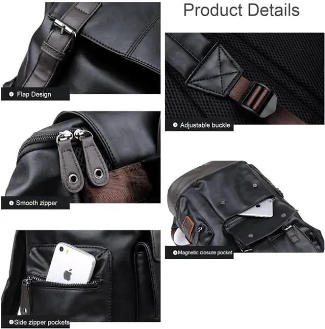 Alt view image 5 of 7 - CHAO RAN Leather Laptop Backpack for Men, Vintage Black Work Knapsack Large Travel Waterproof Bags 16inch Laptop For Commute Casual Business(Black)