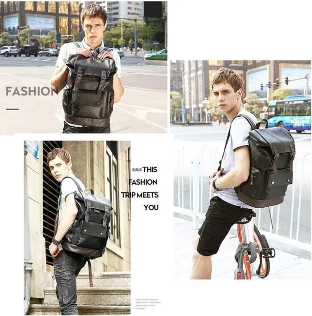 Alt view image 7 of 7 - CHAO RAN Leather Laptop Backpack for Men, Vintage Black Work Knapsack Large Travel Waterproof Bags 16inch Laptop For Commute Casual Business(Black)