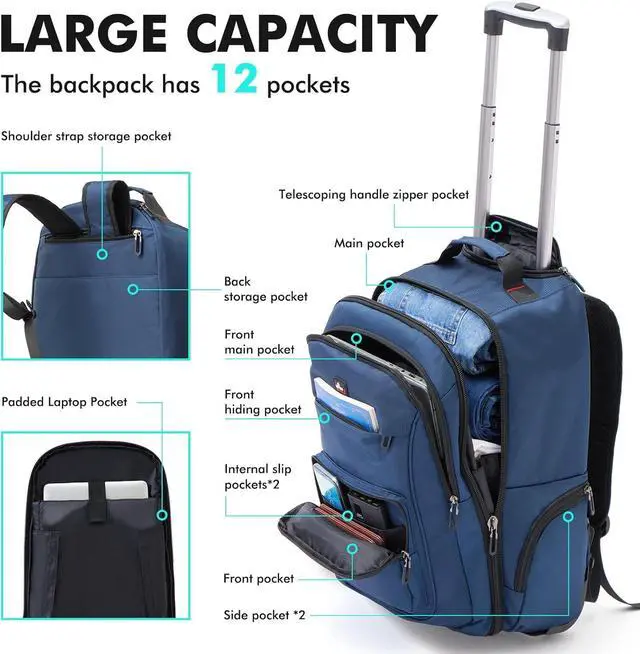 Alt view image 2 of 7 - Rolling Backpack for Adults, 17.3 inch Laptop Wheeled Backpack, Travel Backpack with Wheels, Carry on Luggage Business Trolley Suitcase Computer Bag Men Women Blue