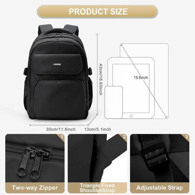 Alt view image 2 of 5 - Simple Aesthetic Black Backpacks For School,Lightweight Casual College Backpack Women,Travel Laptop Daypack Men,Waterproof Middle School Book bag For Teens Boys Girls