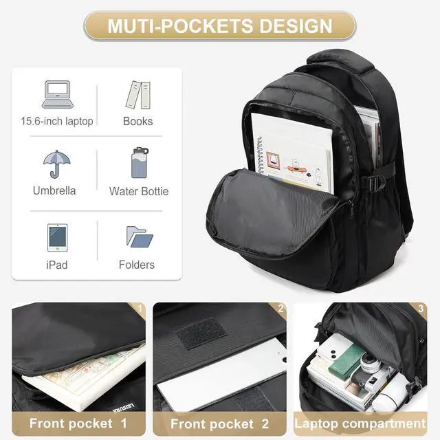 Alt view image 3 of 5 - Simple Aesthetic Black Backpacks For School,Lightweight Casual College Backpack Women,Travel Laptop Daypack Men,Waterproof Middle School Book bag For Teens Boys Girls