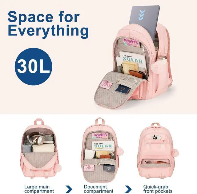 Alt view image 2 of 7 - Backpacks for Girls, 15.6 Inch School Bag Cute Waterproof Laptop Bookbag Large College Backpack for Teen Women Students Anti Theft Travel Daypack, Pink