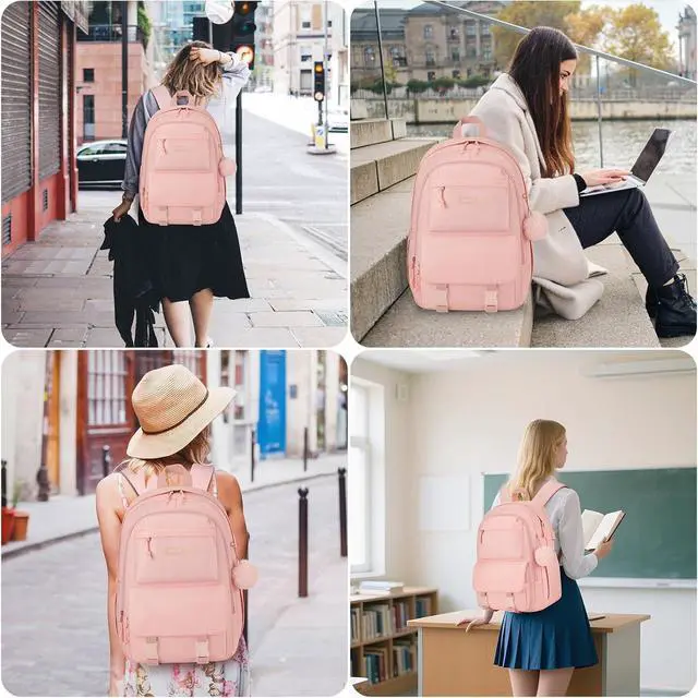 Alt view image 7 of 7 - Backpacks for Girls, 15.6 Inch School Bag Cute Waterproof Laptop Bookbag Large College Backpack for Teen Women Students Anti Theft Travel Daypack, Pink