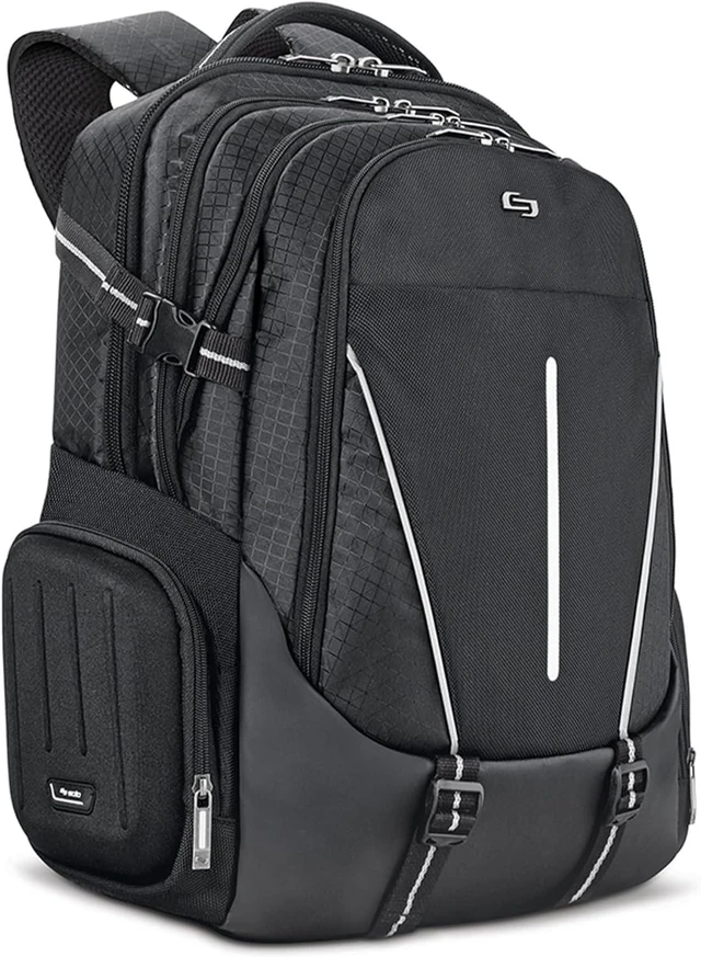 Main image of Solo New York Laptop Backpack for Women & Men - Bookbag for Travel & Work, Lightweight Carry On Bag, 3 Full Sized Compartments, Padded Straps, Fits 17.3" Computer - Rival, Black