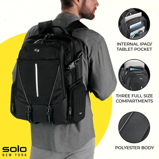 Alt view image 2 of 6 - Solo New York Laptop Backpack for Women & Men - Bookbag for Travel & Work, Lightweight Carry On Bag, 3 Full Sized Compartments, Padded Straps, Fits 17.3" Computer - Rival, Black