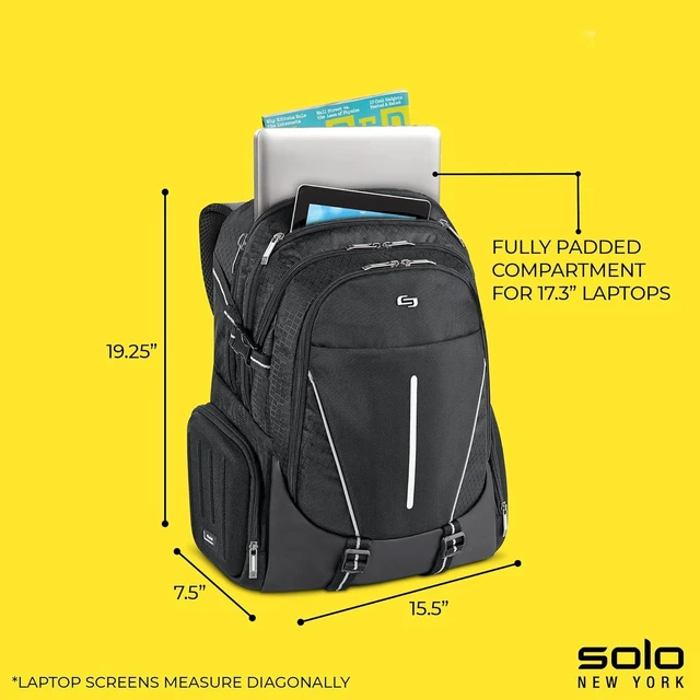 Alt view image 3 of 6 - Solo New York Laptop Backpack for Women & Men - Bookbag for Travel & Work, Lightweight Carry On Bag, 3 Full Sized Compartments, Padded Straps, Fits 17.3" Computer - Rival, Black