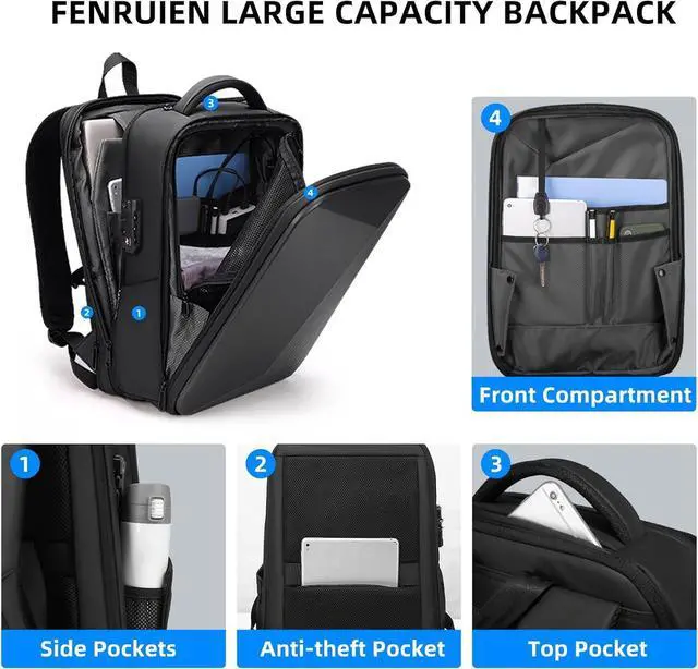 Alt view image 3 of 7 - FENRUIEN Anti Theft Laptop Backpack for Men, Expandable Water Resistant Hardshell Backpack with USB Port, Black Business Travel Computer Bag 15.6 Inch