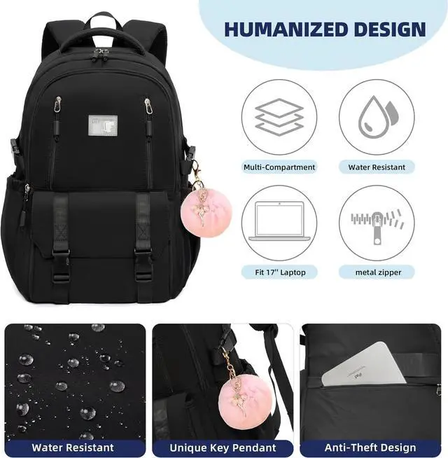 Alt view image 5 of 7 - Caoroky knight Travel Laptop Backpack for Women Girls Elementary High School Bag College Backpacks Waterproof Daypack Large Bookbags Purse for Teens Students Computer Bags 15.6 Inch-Black