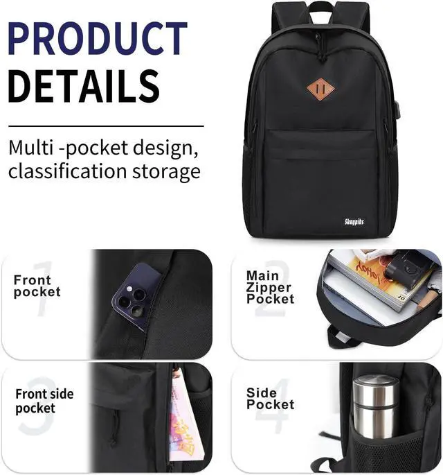 Alt view image 4 of 7 - Lightweight Black Backpack for School, Backpack for Teen Boys Girls, Middle Colloge High School Backpack for Women Men, Simple Daypack Bookbag, Kids Book Bag, Mochilas Escolares para