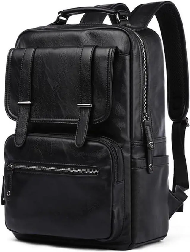 Main image of CHAO RAN Vintage Leather Laptop Backpack for Men, Large Waterproof Travel Black Rucksack, Work Knapsack Fit up to 16 inch Laptop, Business Backpack for commute College (Black)