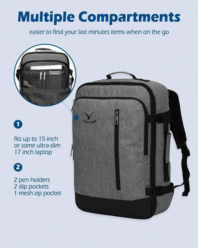 Alt view image 4 of 7 - Hynes Eagle Carry on Backpack 38L Large Travel Backpack for Women Flight Approved Weekender Bag Laptop Backpack Men 15 inches Black Grey 2023