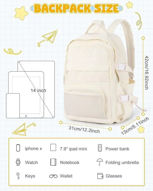 Alt view image 2 of 7 - School Backpack for Teen Girls Boys Multi-pocket Middle School Bag Cute College Backpacks for Women Men Elementary Student Bookbags Aesthetic Backpack Casual Daypacks White