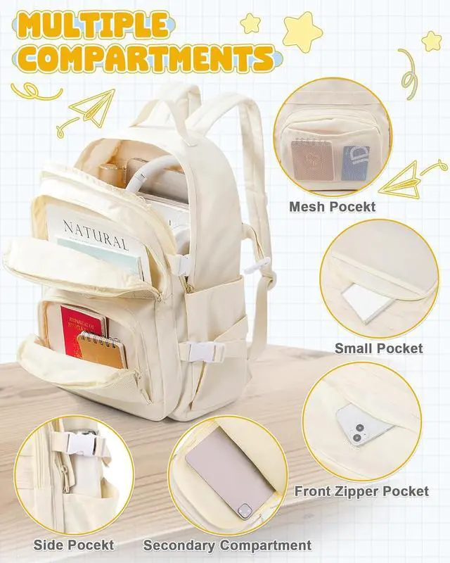 Alt view image 3 of 7 - School Backpack for Teen Girls Boys Multi-pocket Middle School Bag Cute College Backpacks for Women Men Elementary Student Bookbags Aesthetic Backpack Casual Daypacks White