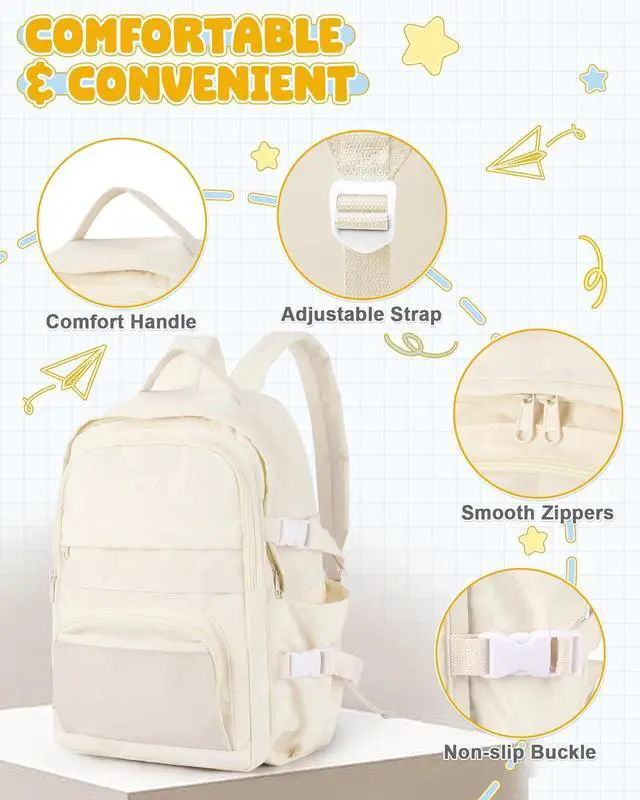 Alt view image 7 of 7 - School Backpack for Teen Girls Boys Multi-pocket Middle School Bag Cute College Backpacks for Women Men Elementary Student Bookbags Aesthetic Backpack Casual Daypacks White