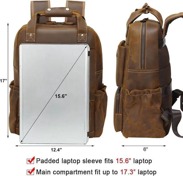 Alt view image 5 of 6 - TIDING Men's Vintage Genuine Leather Backpack 17 Inch Laptop Computer Bag Business Travel Rucksack Brown
