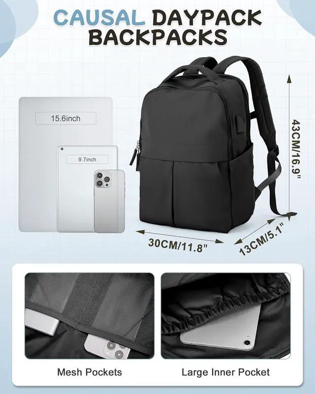 Alt view image 2 of 7 - Black Laptop Backpack for Women Men Gym Work Backpack Casual Daypack Backpacks Small Travel Backpack for Traveling on Airplane Lightweight College Teacher Backpacks for Women