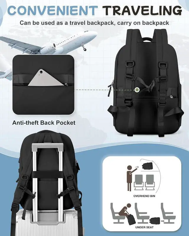 Alt view image 6 of 7 - Black Laptop Backpack for Women Men Gym Work Backpack Casual Daypack Backpacks Small Travel Backpack for Traveling on Airplane Lightweight College Teacher Backpacks for Women