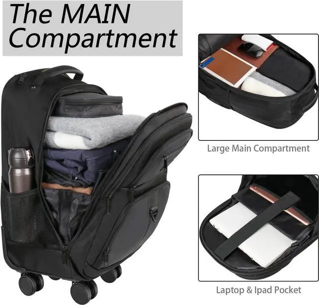 Alt view image 3 of 7 - MATEIN Rolling Backpack with 4 Wheels, 17 inch Roller Travel Laptop Backpack for Women Men, Large Water Resistant Business Wheeled Bag, Airline Approved Carry on Luggage Suitcase Bag, Black