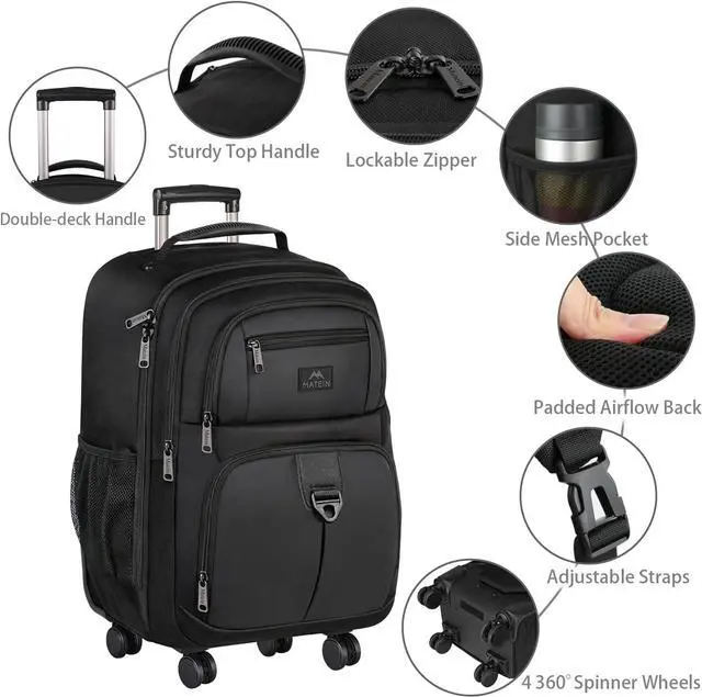 Alt view image 6 of 7 - MATEIN Rolling Backpack with 4 Wheels, 17 inch Roller Travel Laptop Backpack for Women Men, Large Water Resistant Business Wheeled Bag, Airline Approved Carry on Luggage Suitcase Bag, Black