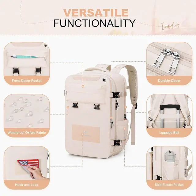 Alt view image 6 of 7 - Maelstrom Travel Backpack for Women Men,35L Laptop Backpack Fits 17-Inch Laptop,Waterproof Carry On Backpack for Airplanes with Detachable Crossbody Bag&Shoe Compartment,Beige, Large