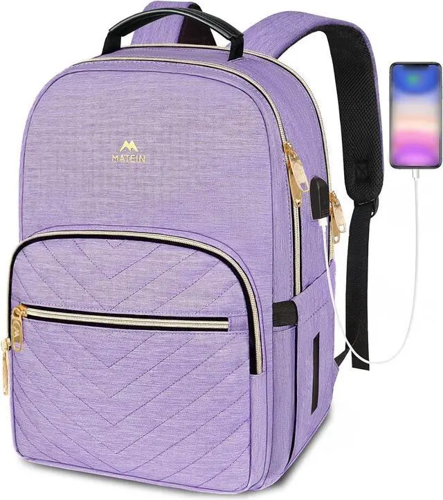 Main image of MATEIN Laptop Backpack for Women, Anti Theft 15.6 inch College School Bookbag for Girls with USB Charging Port, Water Resistant Stylish Travel Computer Work Backpack for Nurse, Purple