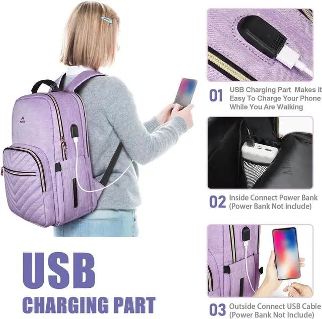Alt view image 3 of 7 - MATEIN Laptop Backpack for Women, Anti Theft 15.6 inch College School Bookbag for Girls with USB Charging Port, Water Resistant Stylish Travel Computer Work Backpack for Nurse, Purple