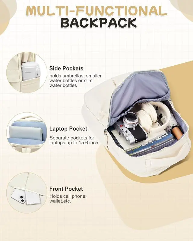 Alt view image 5 of 7 - Laptop Backpack for Women Men Gym Work Backpack Casual Daypack Backpacks Small Travel Backpack for Traveling on Airplane Lightweight College Teacher Backpacks for Women Beige