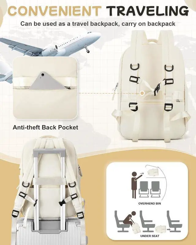 Alt view image 6 of 7 - Laptop Backpack for Women Men Gym Work Backpack Casual Daypack Backpacks Small Travel Backpack for Traveling on Airplane Lightweight College Teacher Backpacks for Women Beige