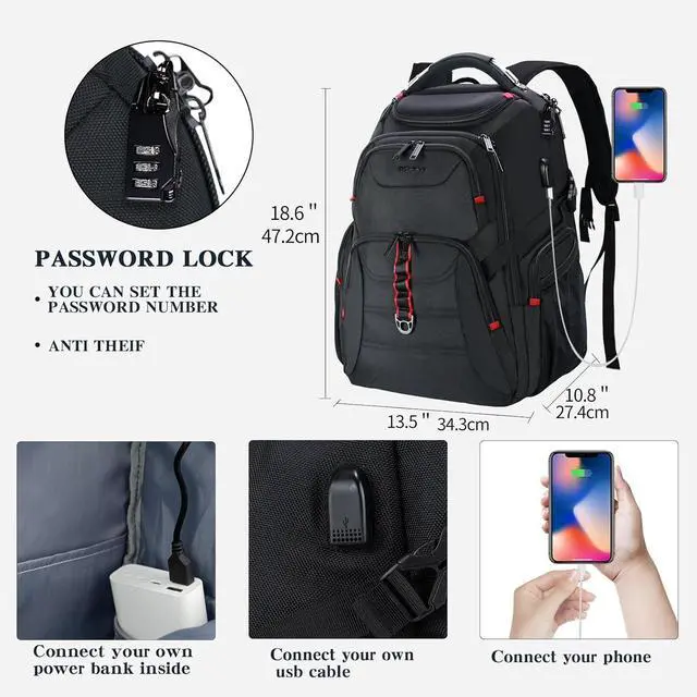 Alt view image 2 of 7 - EMPSIGN Travel Laptop Backpack for men, 17.3 Inch Computer Backpack, 45L Anti-Theft Business Laptop Backpack with USB Charging Port, Water-Repellent Work College School Backpack for Men Women, Black