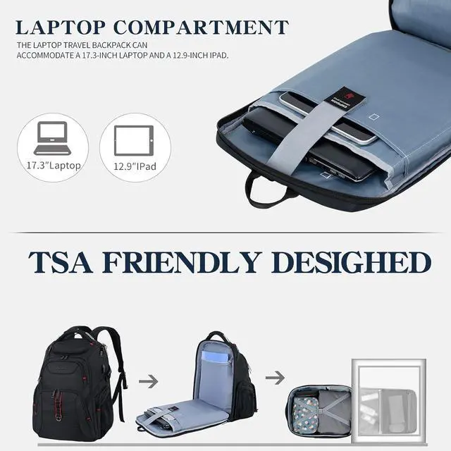 Alt view image 4 of 7 - EMPSIGN Travel Laptop Backpack for men, 17.3 Inch Computer Backpack, 45L Anti-Theft Business Laptop Backpack with USB Charging Port, Water-Repellent Work College School Backpack for Men Women, Black