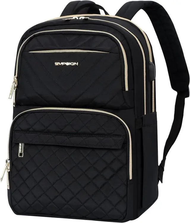 Main image of EMPSIGN Laptop Backpack Purse for Women and Men with USB Charging Port, 15.6 Inch Travel Water Resistant Quilted Backpack, High-Capacity 30L Work Business Computer Backpack, Black