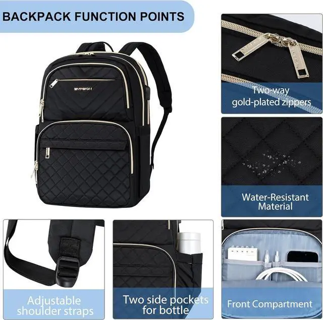 Alt view image 3 of 7 - EMPSIGN Laptop Backpack Purse for Women and Men with USB Charging Port, 15.6 Inch Travel Water Resistant Quilted Backpack, High-Capacity 30L Work Business Computer Backpack, Black
