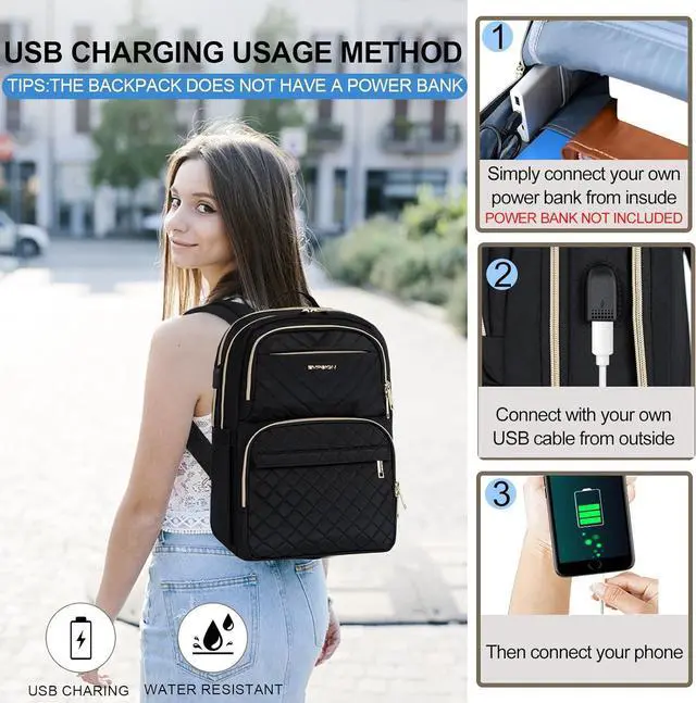 Alt view image 5 of 7 - EMPSIGN Laptop Backpack Purse for Women and Men with USB Charging Port, 15.6 Inch Travel Water Resistant Quilted Backpack, High-Capacity 30L Work Business Computer Backpack, Black