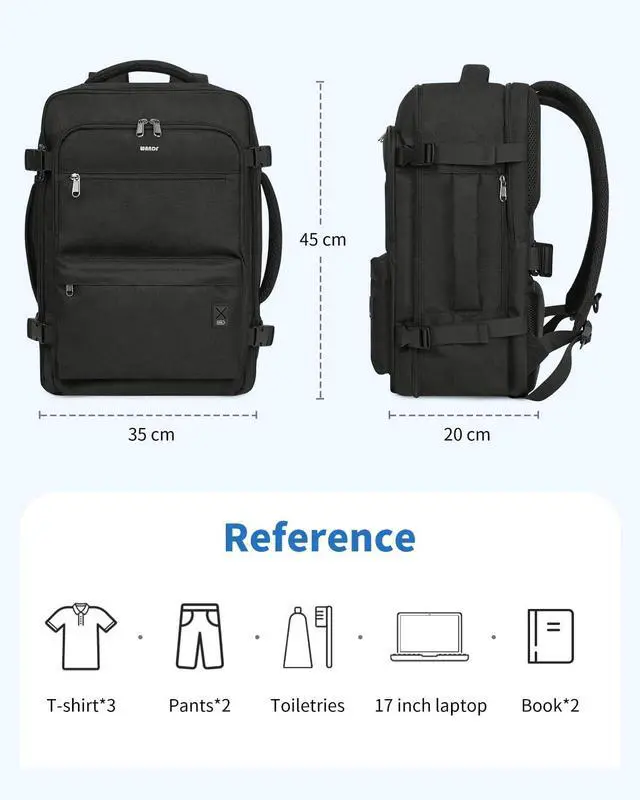 Alt view image 7 of 7 - WANDF Travel Backpack For Spirit Airlines Personal Item Bag 18x14x8 with Wet Pocket, 17 Inch Laptop Backpack for Men WomenBlack