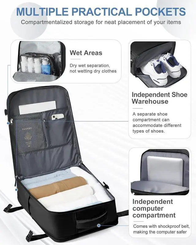 Alt view image 3 of 7 - coowoz Large Travel Backpack Carry On for Women Man Black Waterproof Gym Backpacks with Laptop Compartment Mochila de Viaje Teacher Personal Item Backpack Rucksack Airplane Accessories Must Haves