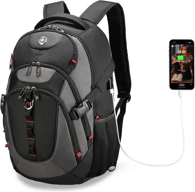 Main image of Swissdigital Laptop Backpack with USB Charging Port, TSA Travel Backpack Fits 15.6 inches Computer, 31L College School Backpack for Men, Black/Grey | SD803
