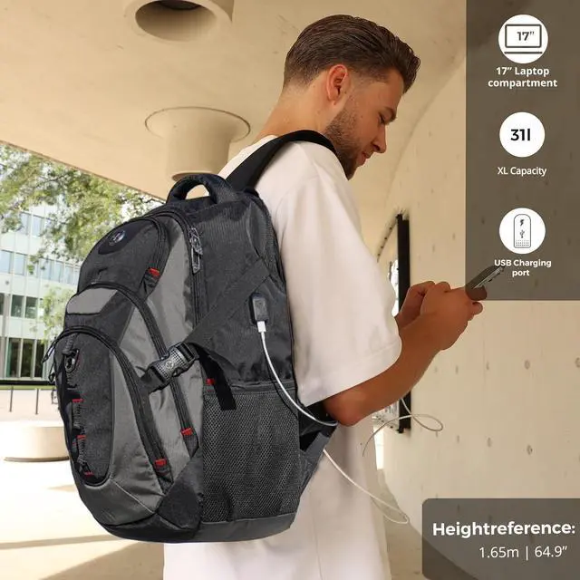 Alt view image 3 of 7 - Swissdigital Laptop Backpack with USB Charging Port, TSA Travel Backpack Fits 15.6 inches Computer, 31L College School Backpack for Men, Black/Grey | SD803