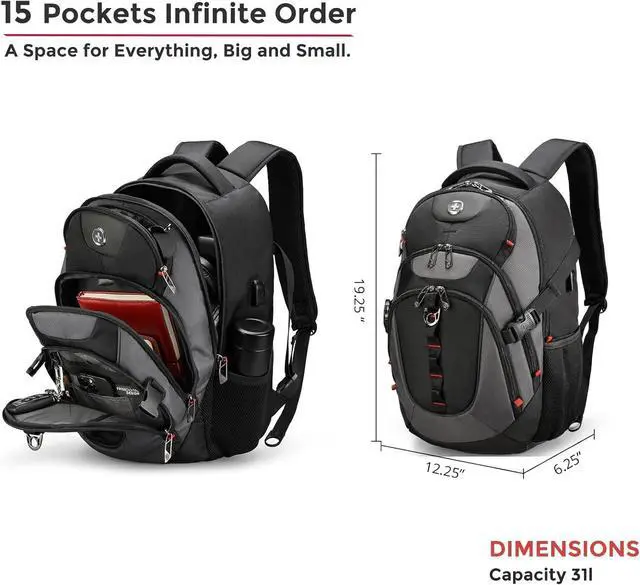 Alt view image 4 of 7 - Swissdigital Laptop Backpack with USB Charging Port, TSA Travel Backpack Fits 15.6 inches Computer, 31L College School Backpack for Men, Black/Grey | SD803