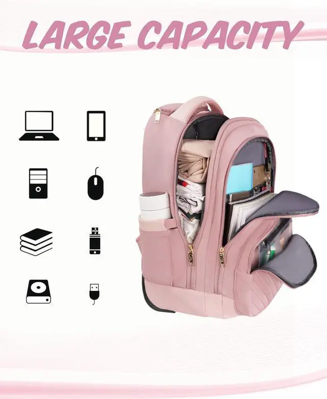 Alt view image 3 of 7 - MATEIN Rolling Backpack for Women, 17 Inch Travel Laptop Backpacks with Wheels, Large Carry On Business Luggage Roller Backpack, Waterproof Trolley Suitcase Overnight College Work Computer Bag, Pink