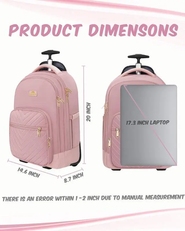 Alt view image 6 of 7 - MATEIN Rolling Backpack for Women, 17 Inch Travel Laptop Backpacks with Wheels, Large Carry On Business Luggage Roller Backpack, Waterproof Trolley Suitcase Overnight College Work Computer Bag, Pink