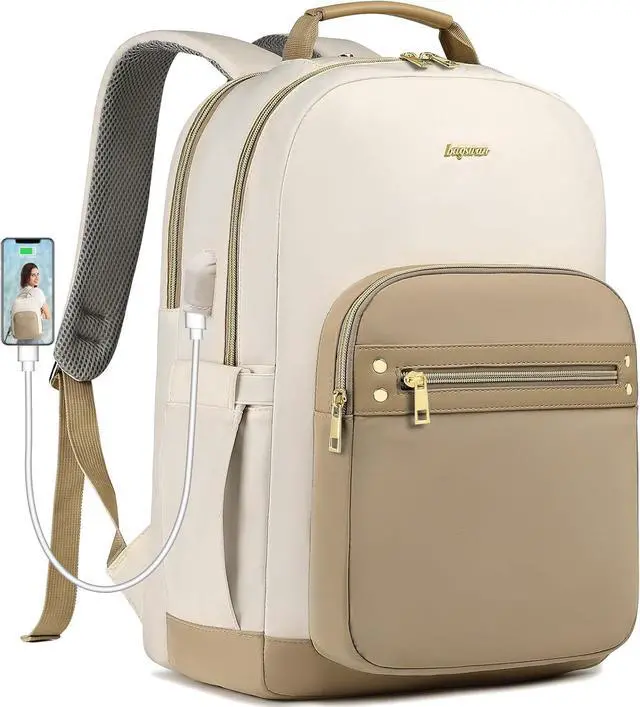 Main image of laptop backpack for Women - 15.6 inch Work Bags Travel Backpack with USB Charger College Bookbag Waterproof Business Computer Backpack Anti-theft Casual Backpacks for Nurse Teacher khaki